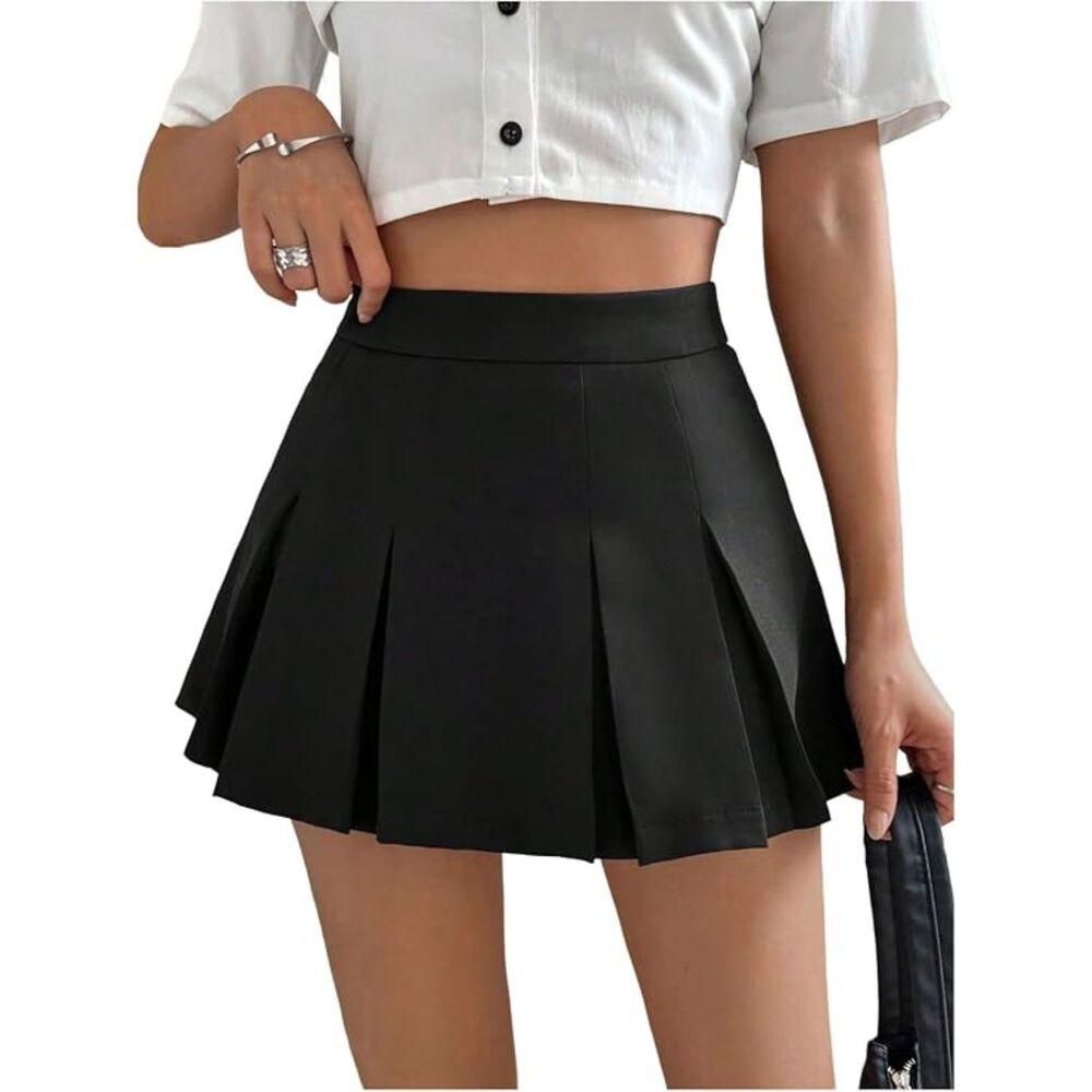 High Waisted Pleated Skater A Line Mini Skirt, Large, 4M-205B008